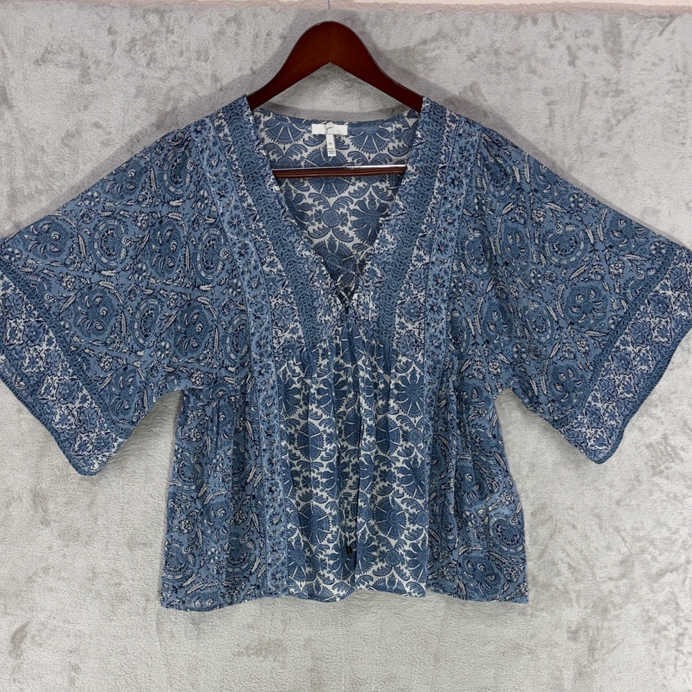 Joie Scorpio 100% Silk Blue Lace Up Front Sheer Peasant Blouse Size M